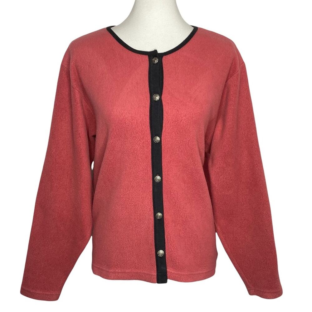 Vtg L.L.Bean Fleece Cardigan Pink Silver-Tone Button Large Coquette Gorpcore